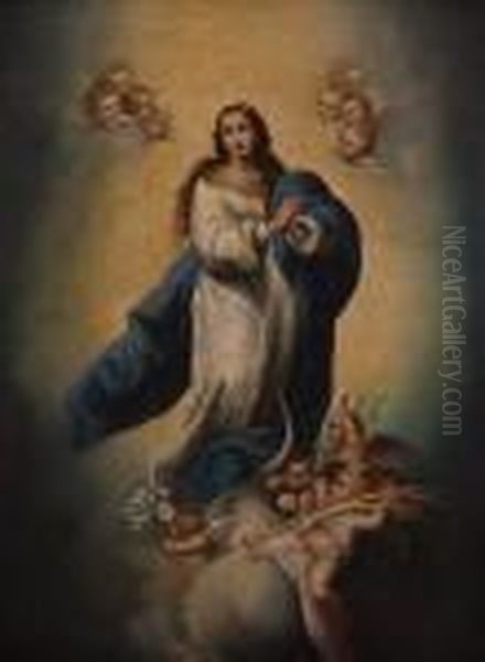 The Assumption Of The The Blessed Virgin Mary 
Full Length Portrait Amongst Clouds And Cherubs Oil Painting by Bartolome Esteban Murillo