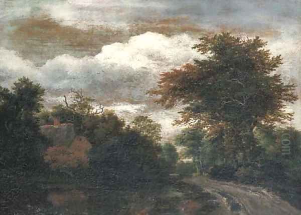 A wooded landscape with a traveller on a path by a pond Oil Painting by Jacob Van Ruisdael