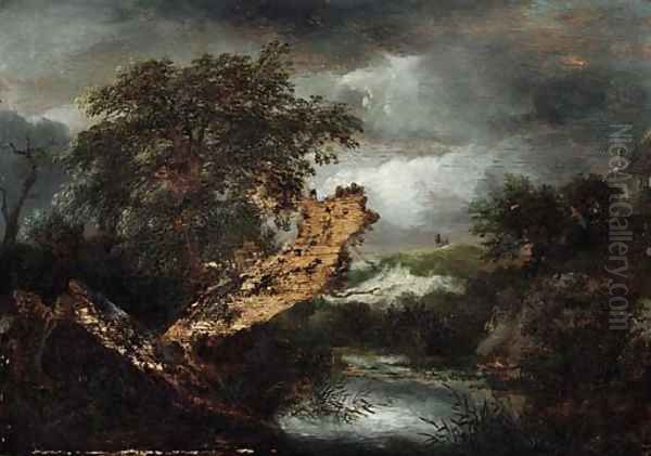 A wooded river landscape with a blasted tree Oil Painting by Jacob Van Ruisdael