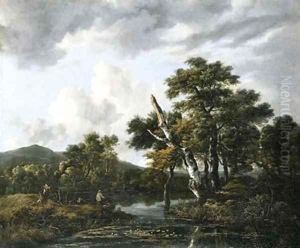 A wooded river landscape with figures on a bank Oil Painting by Jacob Van Ruisdael