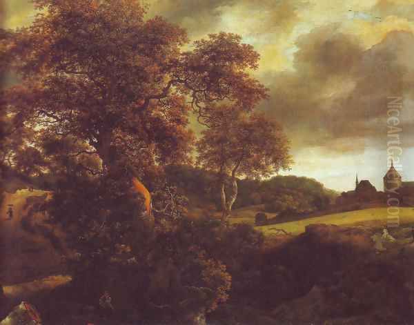 Hilly landscape with a great oak and a grainfield Oil Painting by Jacob Van Ruisdael