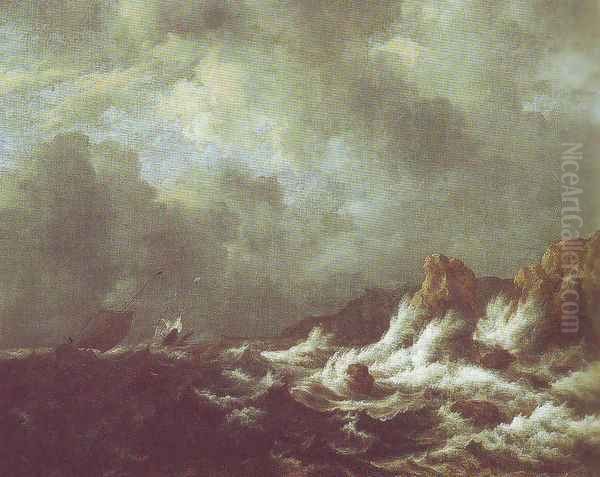 Rough sea with sailing vessels off a rocky coast Oil Painting by Jacob Van Ruisdael