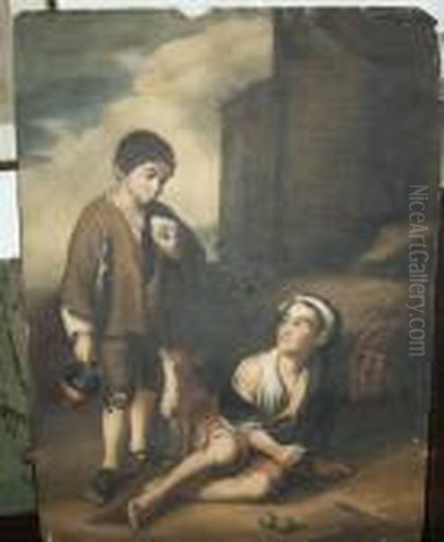 Two Spanish Boys With A Puppy In A Landscape Oil Painting by Bartolome Esteban Murillo