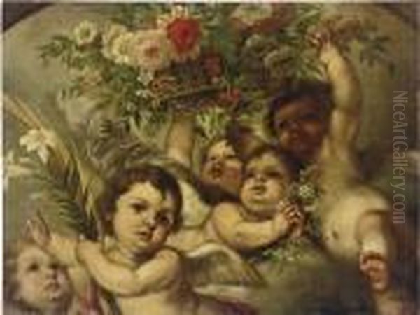 Putti With A Basket Of Flowers by Bartolome Esteban Murillo