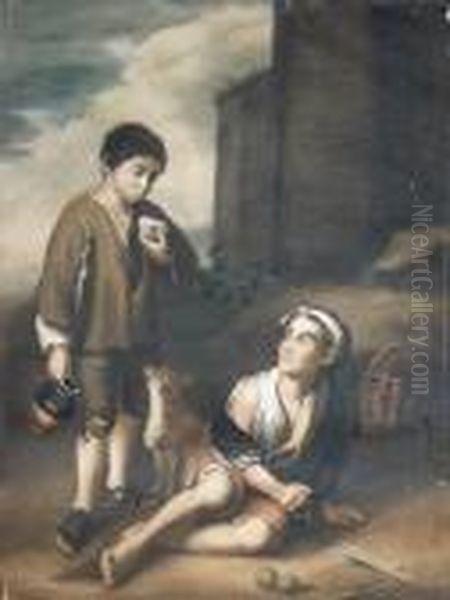 Two Spanish Boys With A Puppy In A Landscape Oil Painting by Bartolome Esteban Murillo