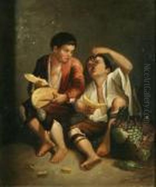 Two Boys Eating Fruit Oil Painting by Bartolome Esteban Murillo