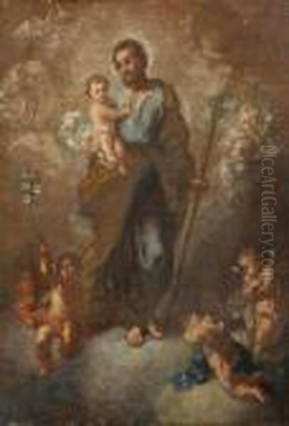 Saint Joseph And The Christ Child Surrounded By Putti Oil Painting by Bartolome Esteban Murillo