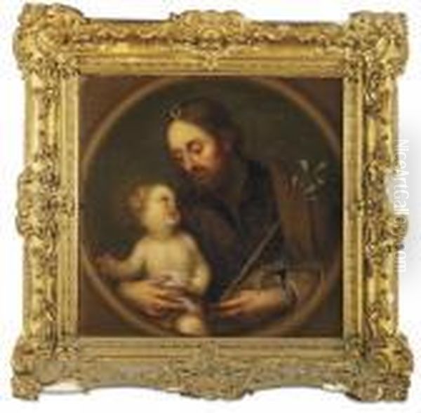 St. Joseph And The Christ Child, In A Feigned Roundel Oil Painting by Bartolome Esteban Murillo