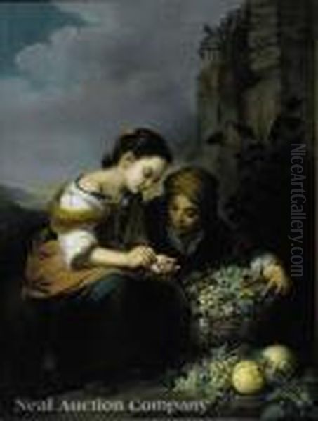 Ayoung Girl Buying A Basket Of Fruit From An Older Girl Oil Painting by Bartolome Esteban Murillo