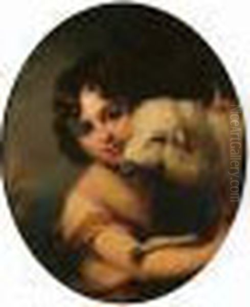 The Infant Jesus And Lamb, Oval Oil Painting by Bartolome Esteban Murillo