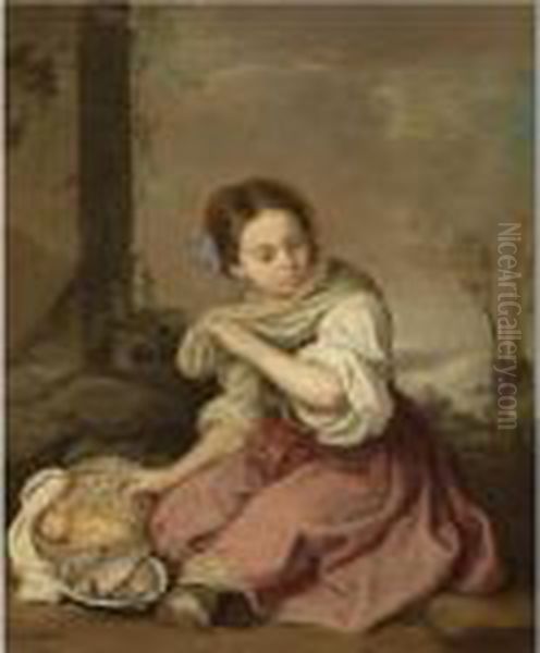 A Young Girl Seated In A Landscape, Holding A Basket Of Fruit And A Plate Of Fish Oil Painting by Bartolome Esteban Murillo