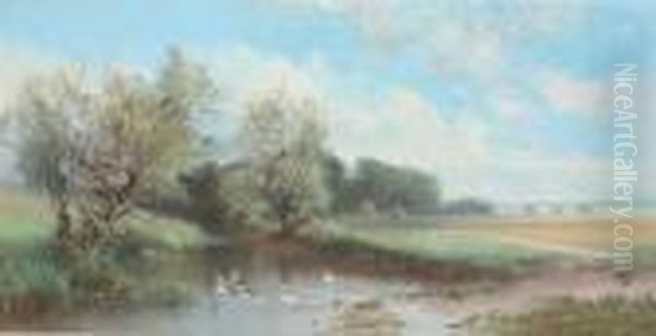 Landscape With Ducks On Pond Oil Painting by John Francis Murphy