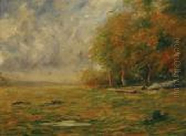 Painting On Pond - Autumn Landscape Oil Painting by John Francis Murphy