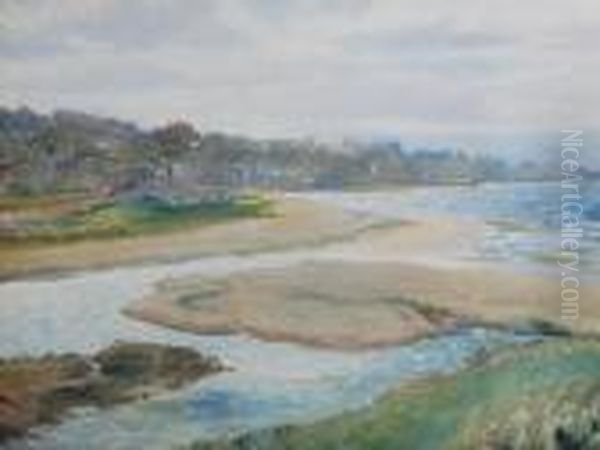 River Estuary With Town In The Distance Oil Painting by David Murray