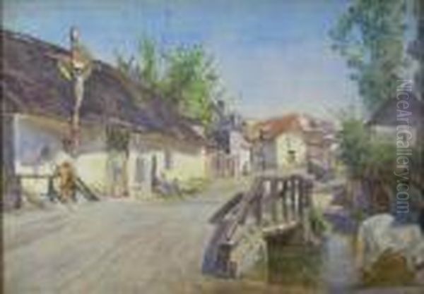 A Village Street Scene, Normandy Oil Painting by David Murray