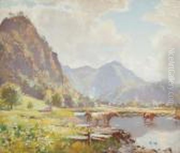 Mountainous Landscape, With Cattle Watering And A Cannon Oil Painting by David Murray