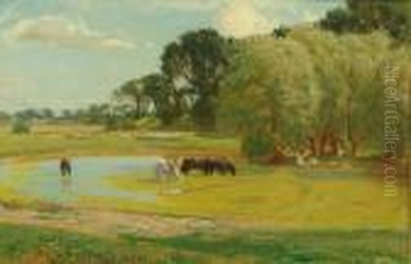 Horses Watering In An Extensive Summer Landscape Oil Painting by David Murray