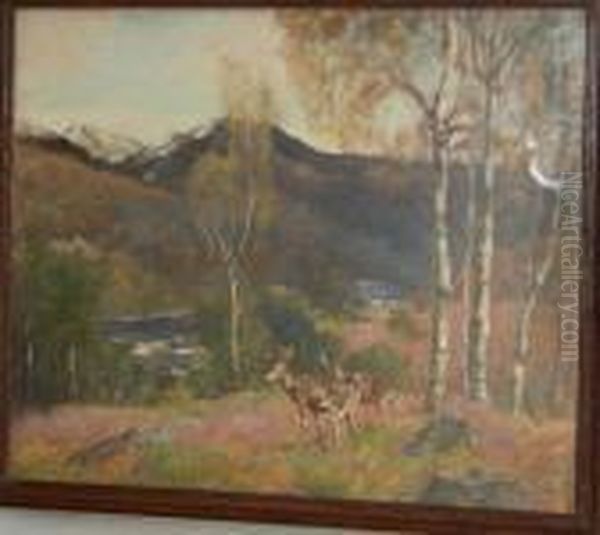 Deer In A Highland Landscape Oil Painting by David Murray