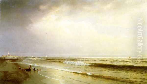 Seascape with Distant Lighthouse, Atlantic City, New Jersey Oil Painting by William Trost Richards