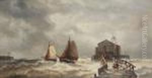 Vissers Bij Stormachtig Weer 
Ophouten Pier, Paar Vissersboten In De Nabijheid En Stoomboot In 
Deverte. Oil Painting by Francois Etienne Musin