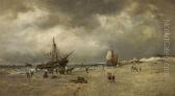 Strandszene Mitanlandenden Fischerbooten Oil Painting by Francois Etienne Musin