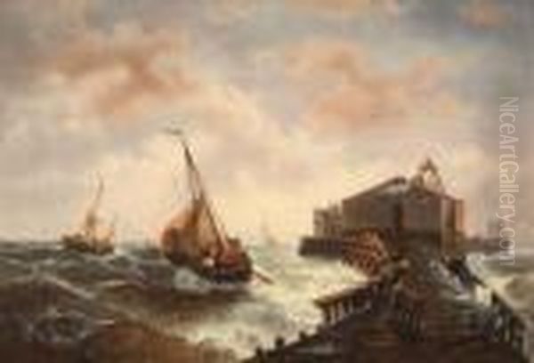 Segelboote Auf Sturmischer See Vor Einem Pier Oil Painting by Francois Etienne Musin