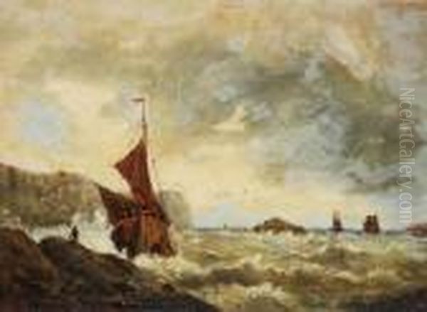 Yachts Near Rocky Coast Oil Painting by Francois Etienne Musin