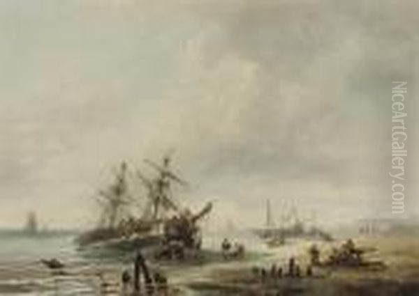 Unloading At Low Tide Oil Painting by Francois Etienne Musin