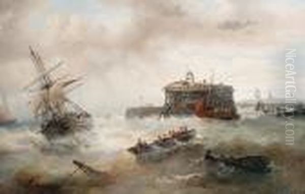 Off Calais Harbour Oil Painting by Francois Etienne Musin