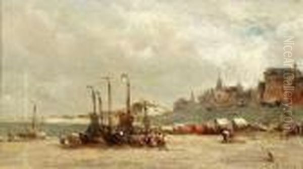 Sailing Boats On The Beach Oil Painting by Francois Etienne Musin