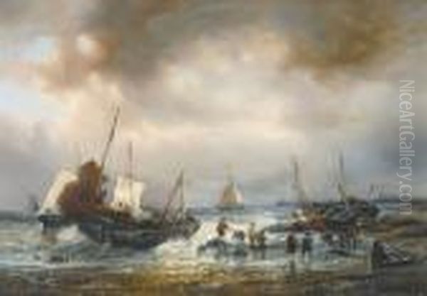 Boats Near The Beach Oil Painting by Francois Etienne Musin