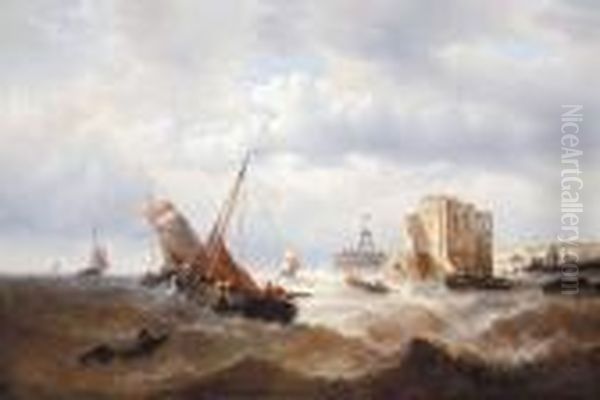 Schips On A Tumultuous Sea Oil Painting by Francois Etienne Musin