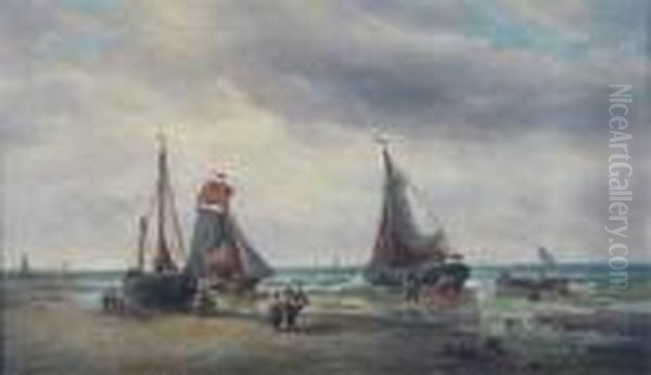 Coastal Scene With Fisherfolk By Their Boats At Low Tide Oil Painting by Francois Etienne Musin