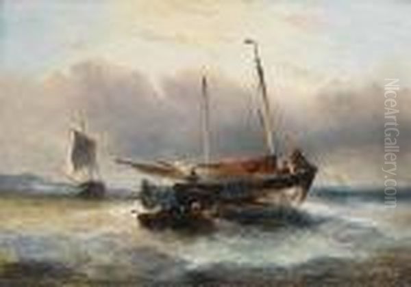 Coming Ashore; Retrieving Driftwood Oil Painting by Francois Etienne Musin