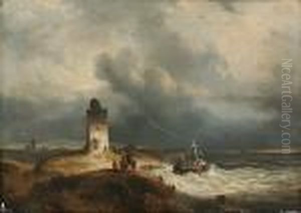 Ship In Distress Off The Coast, Possibly Scheveningen Oil Painting by Francois Etienne Musin