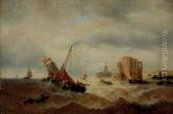 Ships In Stormy Sea Oil Painting by Francois Etienne Musin