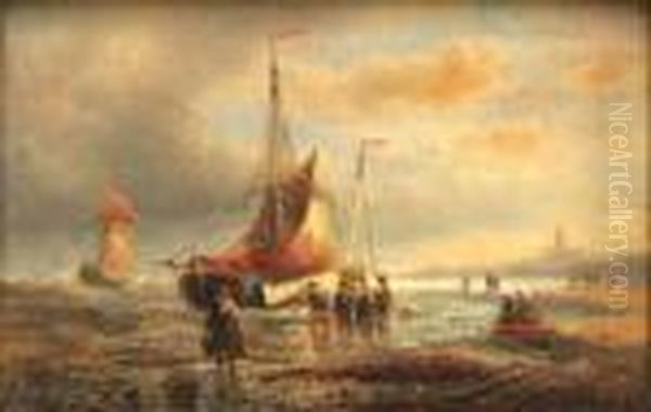 Coastal View Of Fishing Vessel In Blustery Weather With Figures Oil Painting by Francois Etienne Musin