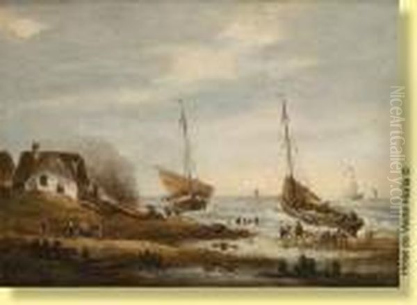 Bateaux De Peche Au Bord De La Plage Oil Painting by Francois Etienne Musin