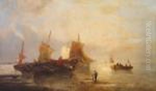 Figures With Shipping On The Shore Oil Painting by Francois Etienne Musin