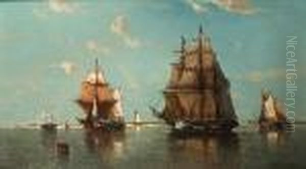 French Shipping Off The Coast In
 A Light Breeze, The Barque Firing A Warning Shot To The Two-masted 
Trader Crossing Her Path Oil Painting by Francois Etienne Musin