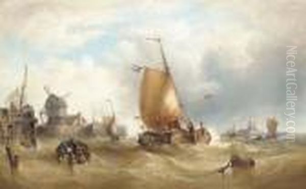 Dutch Fishing Boats Off A Coast With A Castle In The Distance Oil Painting by Francois Etienne Musin