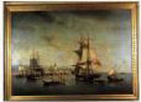 Vaisseaux Et Chaloupes Dans Le Port De Villa Nova, Au Portugal Oil Painting by Francois Etienne Musin