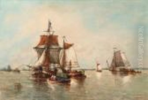 Barges Preparing To Set Sail Oil Painting by Francois Etienne Musin