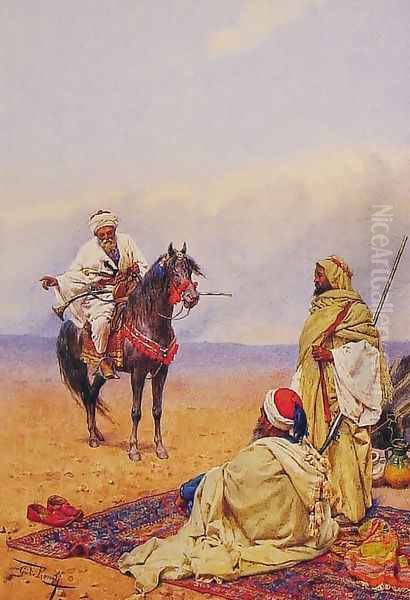 A Horseman Stopping At A Bedouin Camp Oil Painting by Giulio Rosati