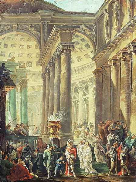 Capriccio of a Roman temple with Alexander the Great entering in triumph, 1755-60 Oil Painting by Hubert Robert