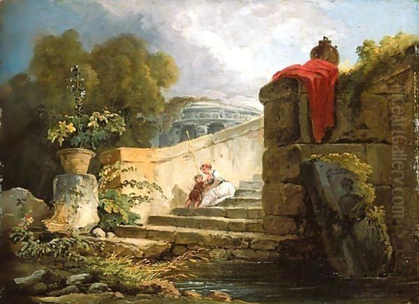 A Scene in the Grounds of the Villa Farnese, Rome c. 1765 Oil Painting by Hubert Robert