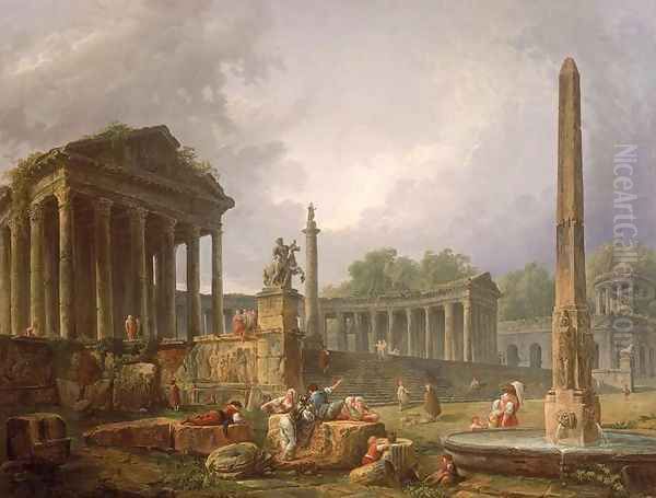 Architectural Capriccio with temple and obelisk, 1798 Oil Painting by Hubert Robert