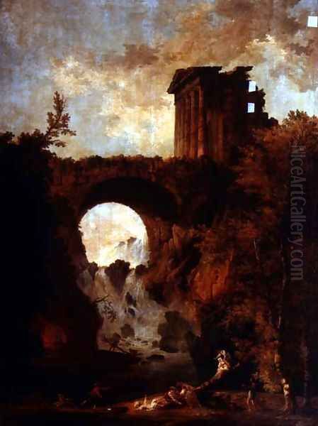 A Capriccio of a ruined temple by a bridge over a cascade with a see-saw party Oil Painting by Hubert Robert