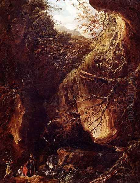 Figures By A Waterfall In A Wooded Landscape Oil Painting by Hubert Robert