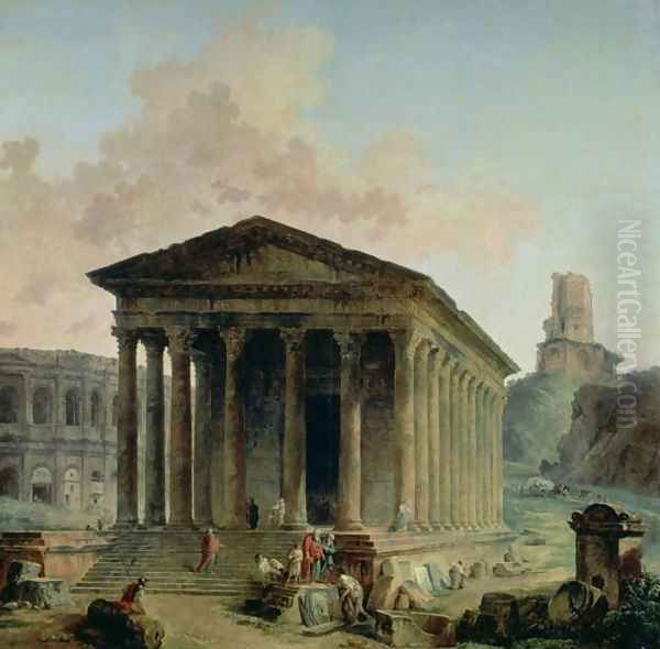 The Maison Carree with the Amphitheatre and the Tour Magne at Nimes, 1786-87 Oil Painting by Hubert Robert